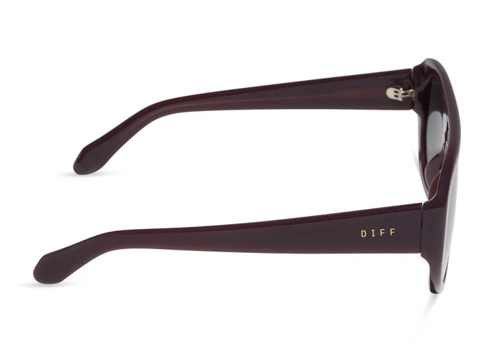 Pair of dark purple sunglasses from side on white background