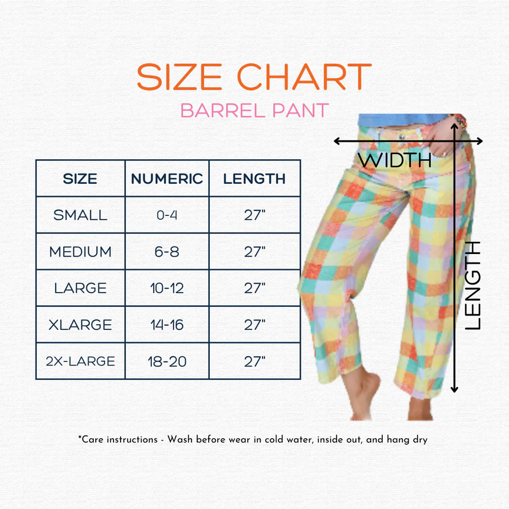 Size chart for barrel pants with measurements and a person wearing the pants.