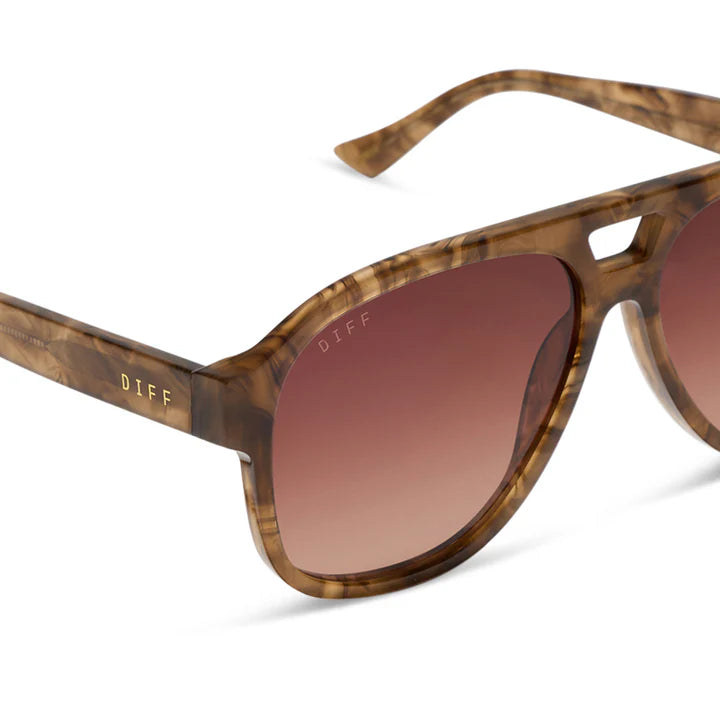 Sunglasses with tortoiseshell frame and brown lenses on a white background