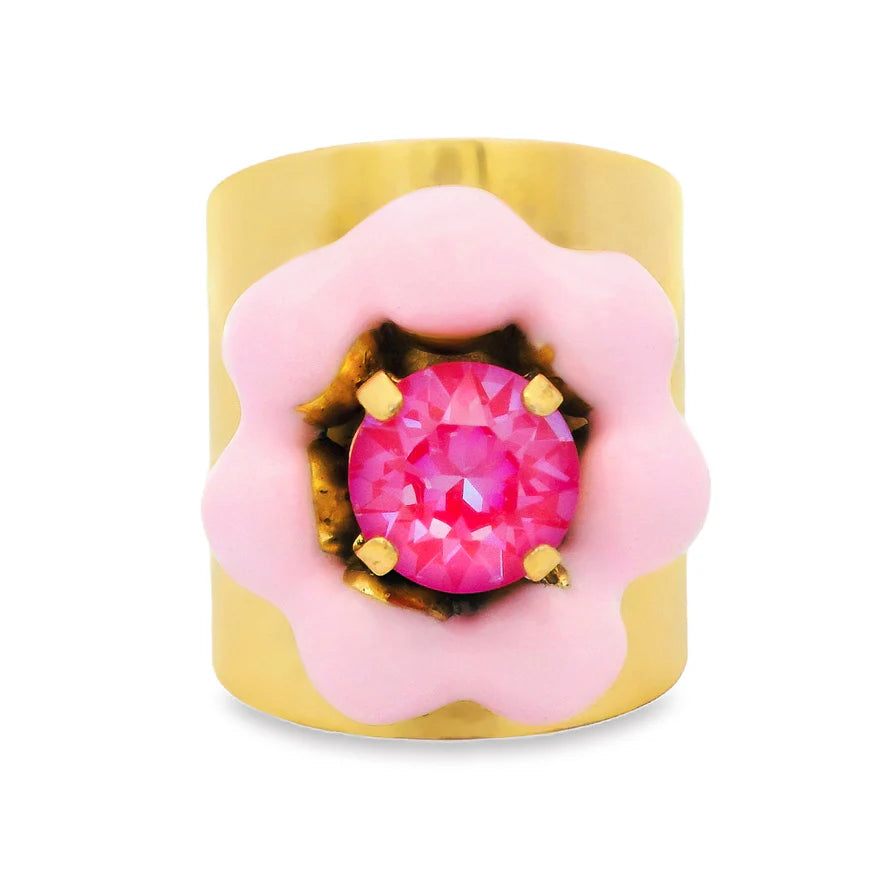 Gold Ring with pink enamel flower and pink crystal on white background