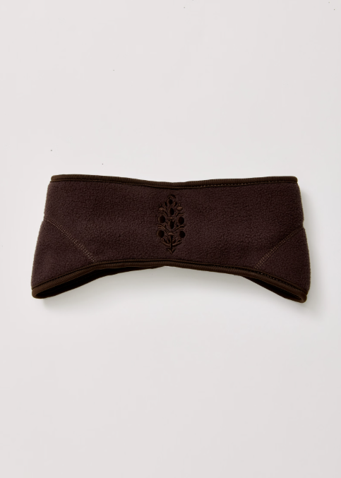 Single chocolate brown headband with logo on white background