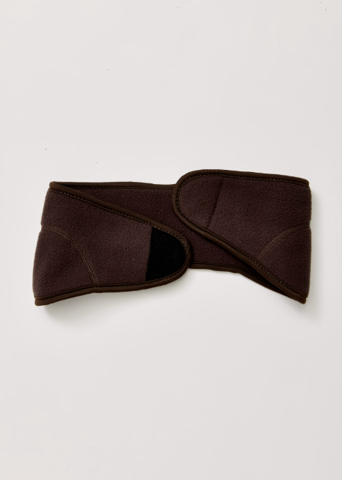 Chocolate brown headband with velcro tab on white background