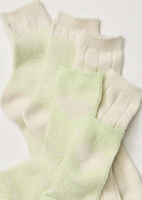 Close up of lime green and beige socks on white background