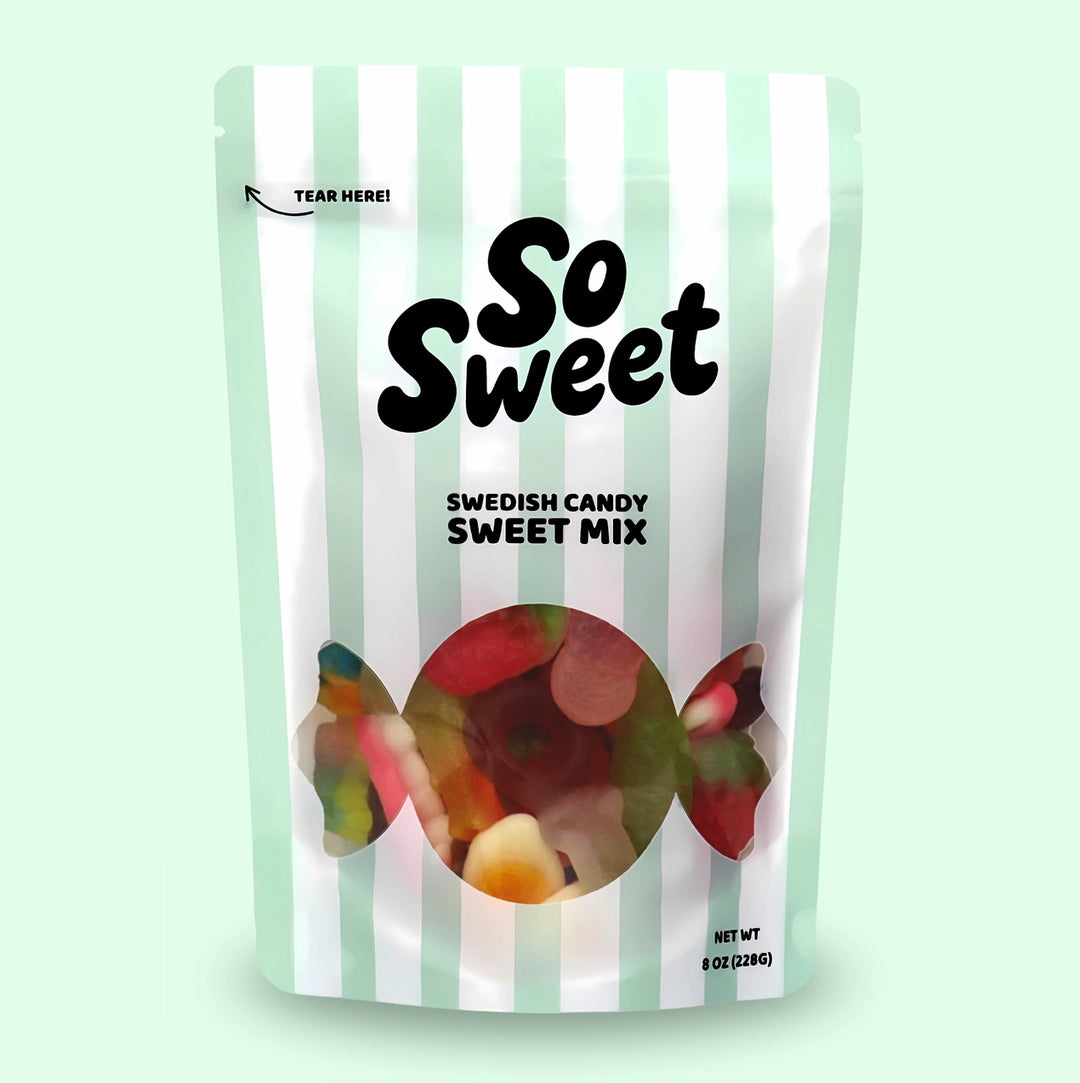 Packaging of Swedish candy sweet mix with striped design on a light green background
