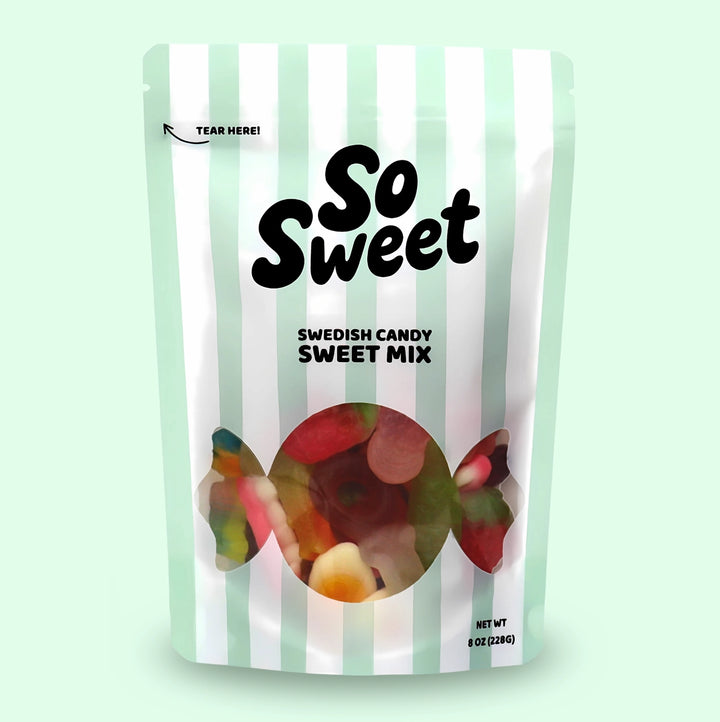 Packaging of Swedish candy sweet mix with striped design on a light green background