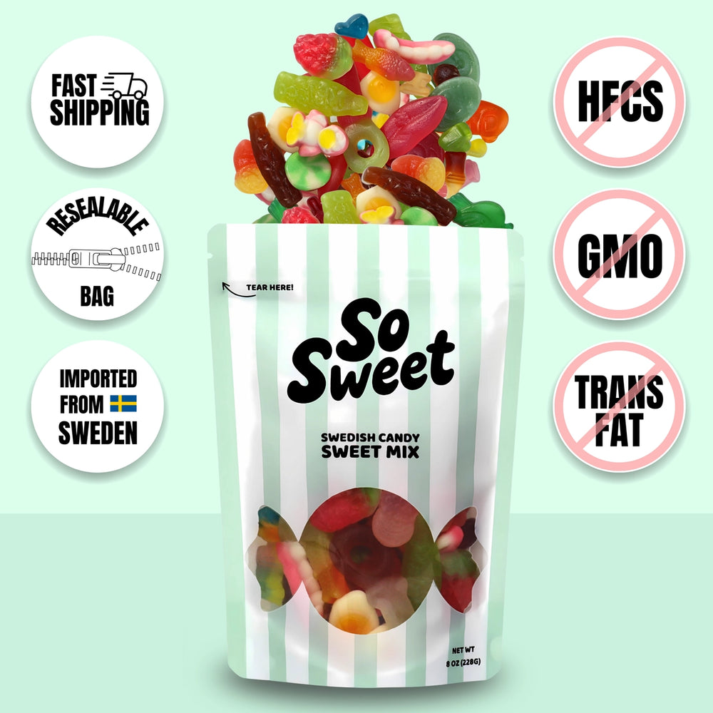 Bag of Swedish candy sweet mix with health benefits icons on a light green background