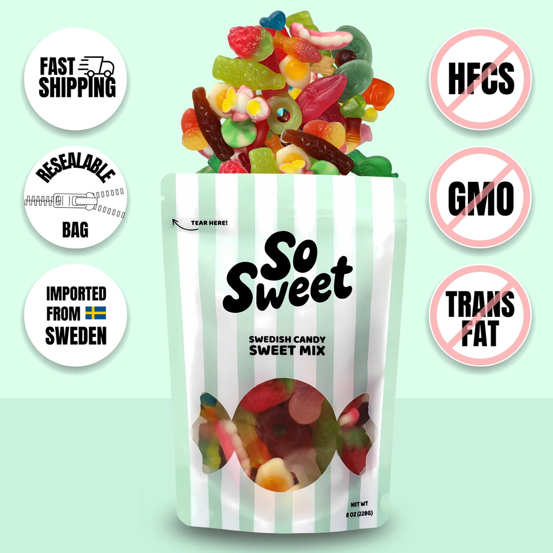 Bag of Swedish candy sweet mix with health benefits icons on a light green background