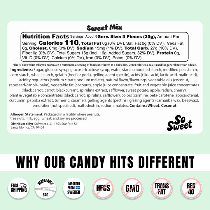 Nutrition label and description of So Sweet candy on a light green background
