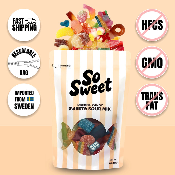 Bag of Swedish candy sweet and sour mix with &