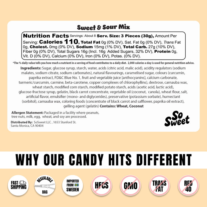 Nutrition label and ingredients list for sweet and sour mix on a beige background with So Sweet branding.