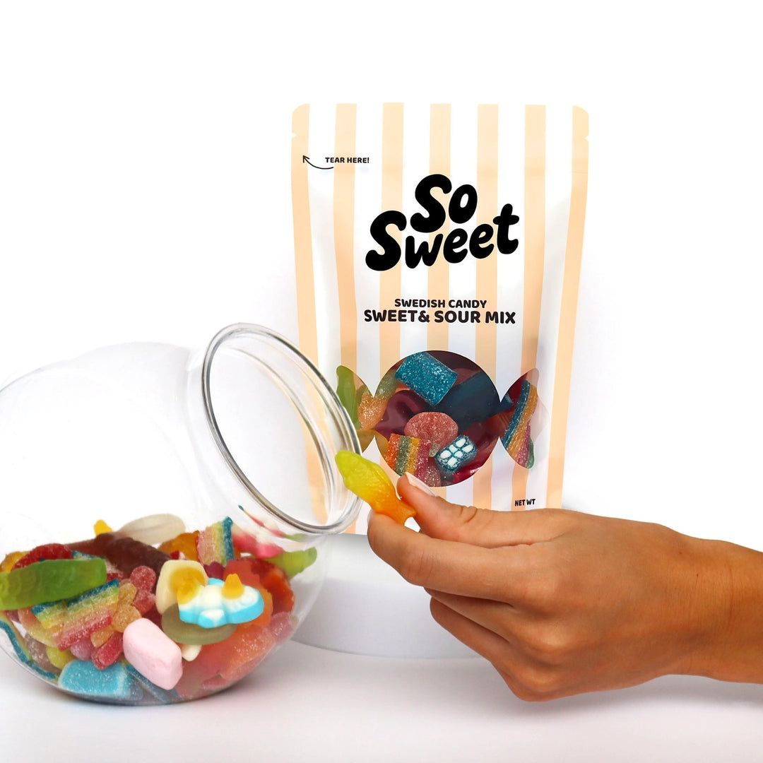 Colorful Swedish candy mix with a &