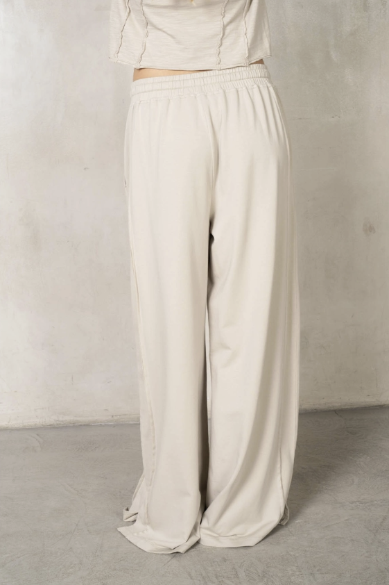 Beige wide-leg pants worn by a person against a plain background