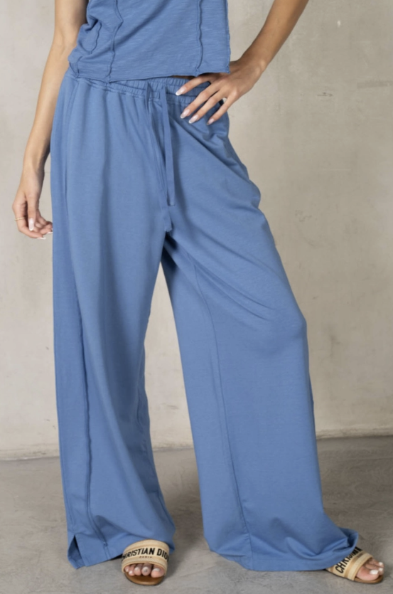 Person wearing blue wide-leg pants against a neutral background