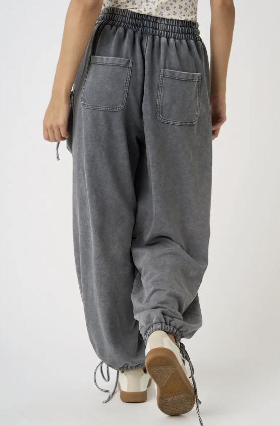 A person shown from the back wearing loose, faded gray drawstring pants with back patch pockets and elastic cuffs, paired with white and tan shoes against a plain light background.