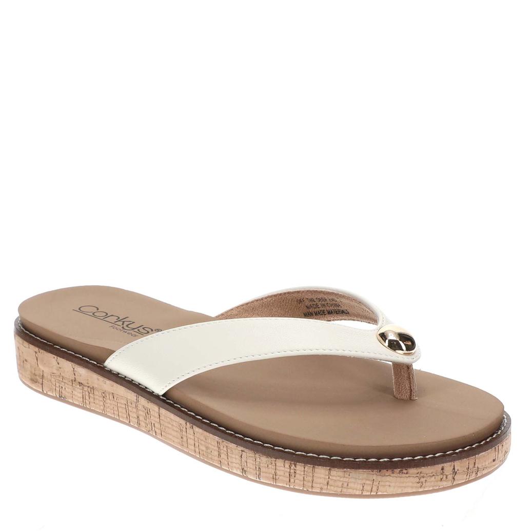 Brown sandal with a white sole on a light gray background