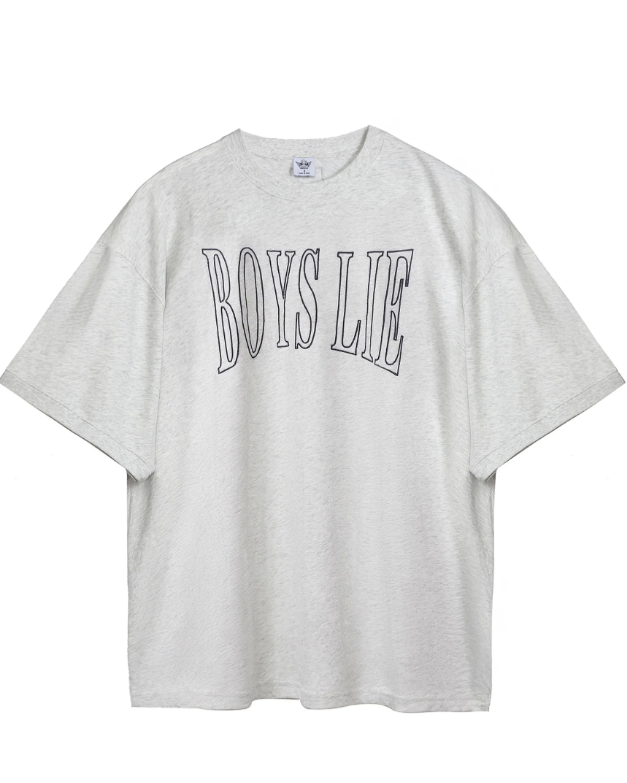 A light gray heather crewneck t-shirt featuring the words &