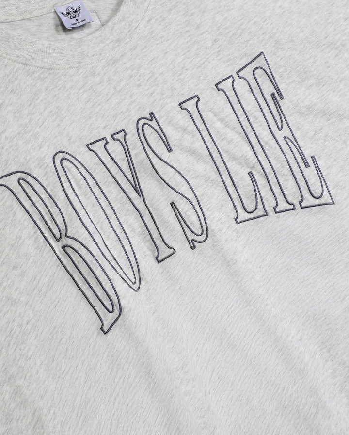 Close-up of a light heather gray t-shirt featuring the words &