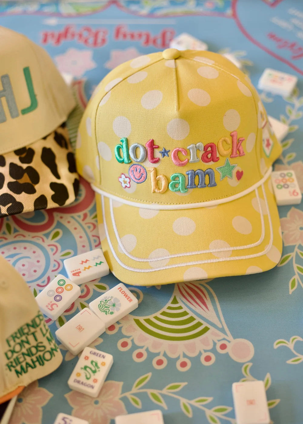 Yellow polka dot trucker hat with &