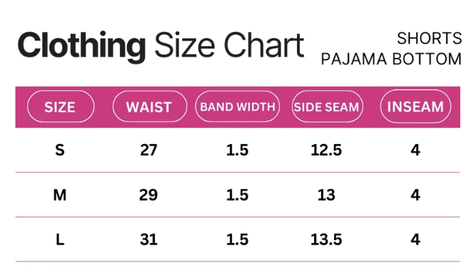 Pajama short sizing chart