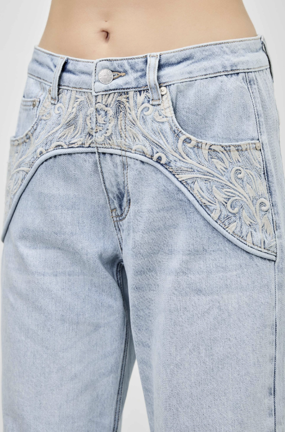 Close-up of a person wearing light-wash blue denim jeans with ornate embroidered detailing across the front pocket area.