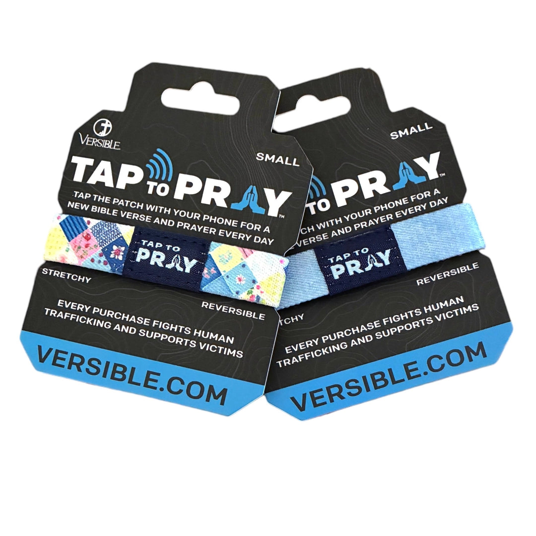 Versible Tap to Pray wristbands in packaging on a white background
