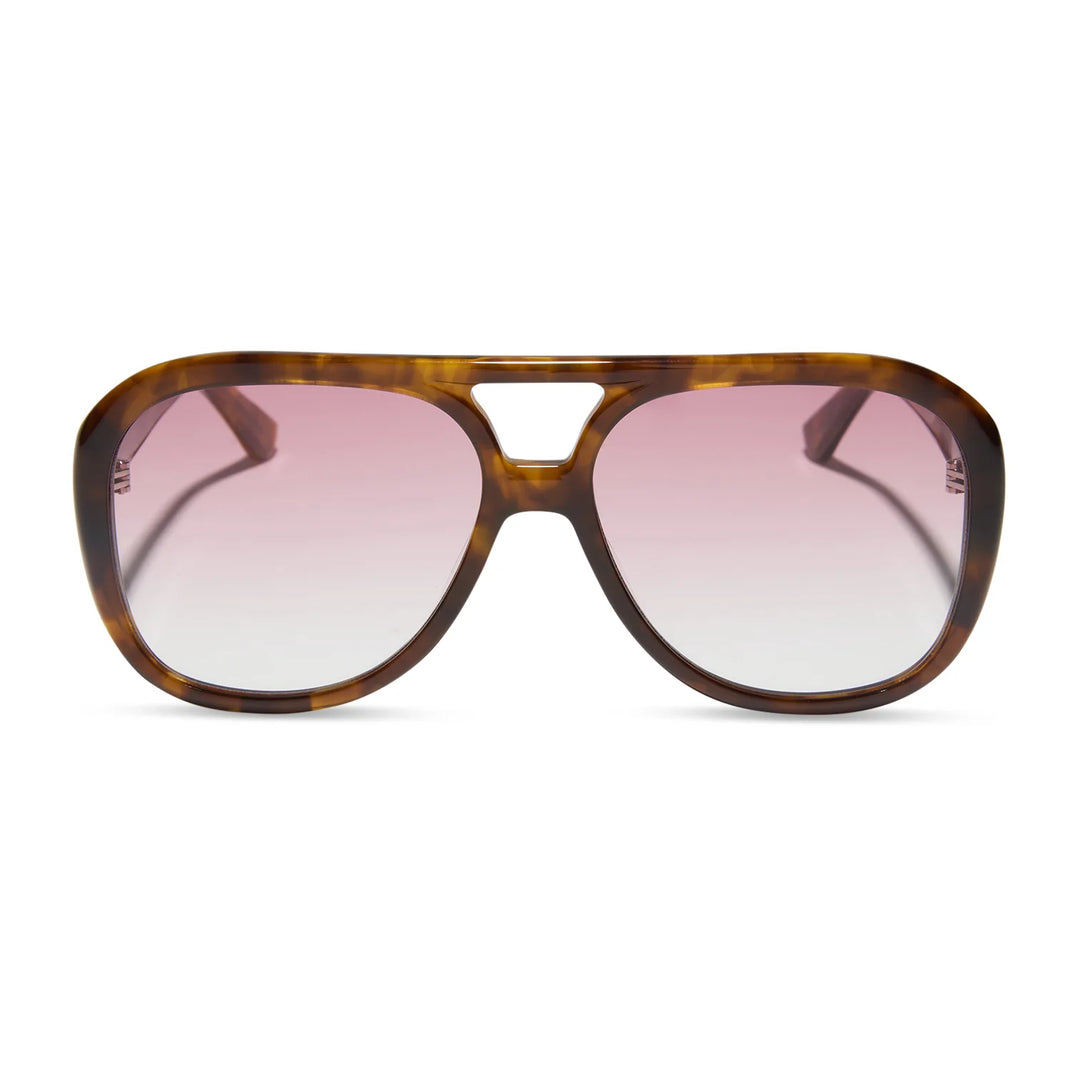 Tortoise sunglasses with rose gradient lenses on white background