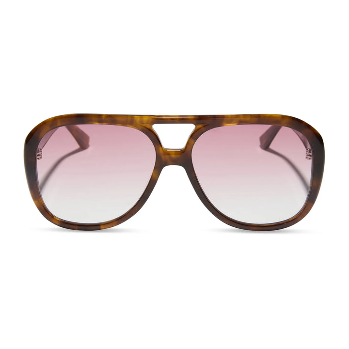 Tortoise sunglasses with rose gradient lenses on white background