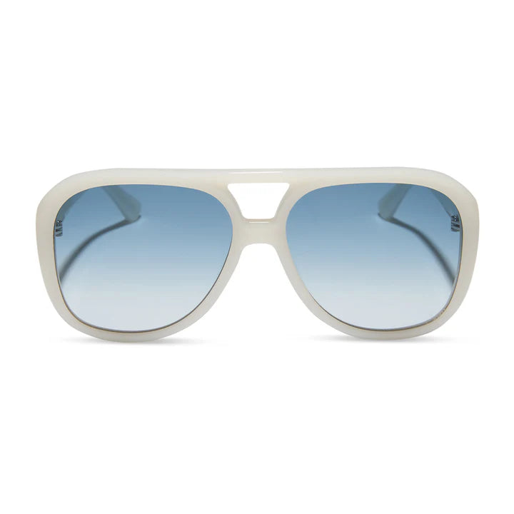 White sunglasses with blue lenses on white background