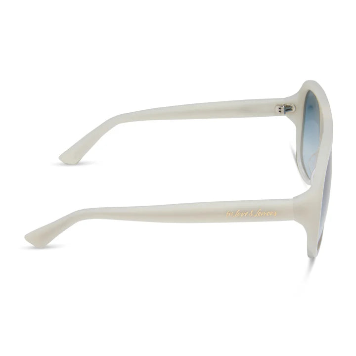 White sunglasses with blue lenses on a white background
