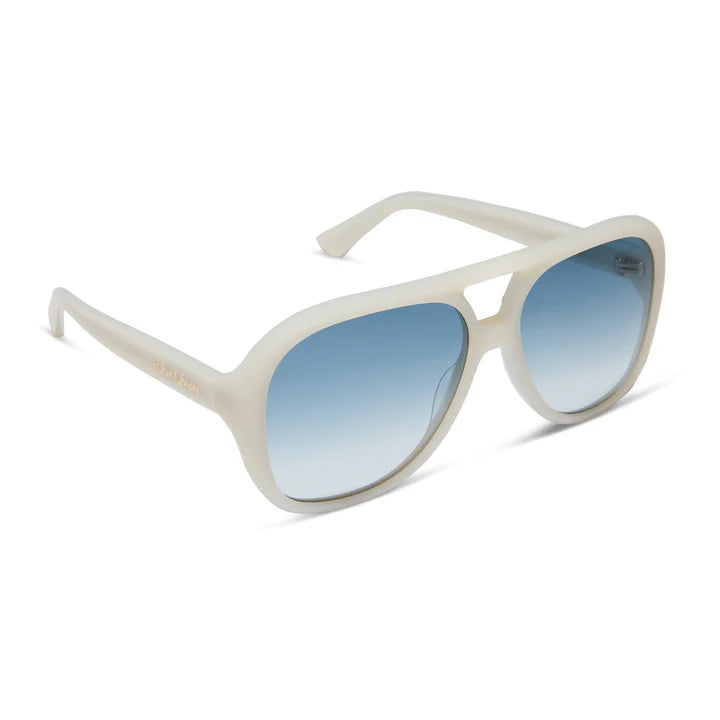 White sunglasses with blue gradient lenses on a white background