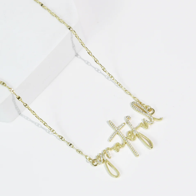 gold necklace with script &