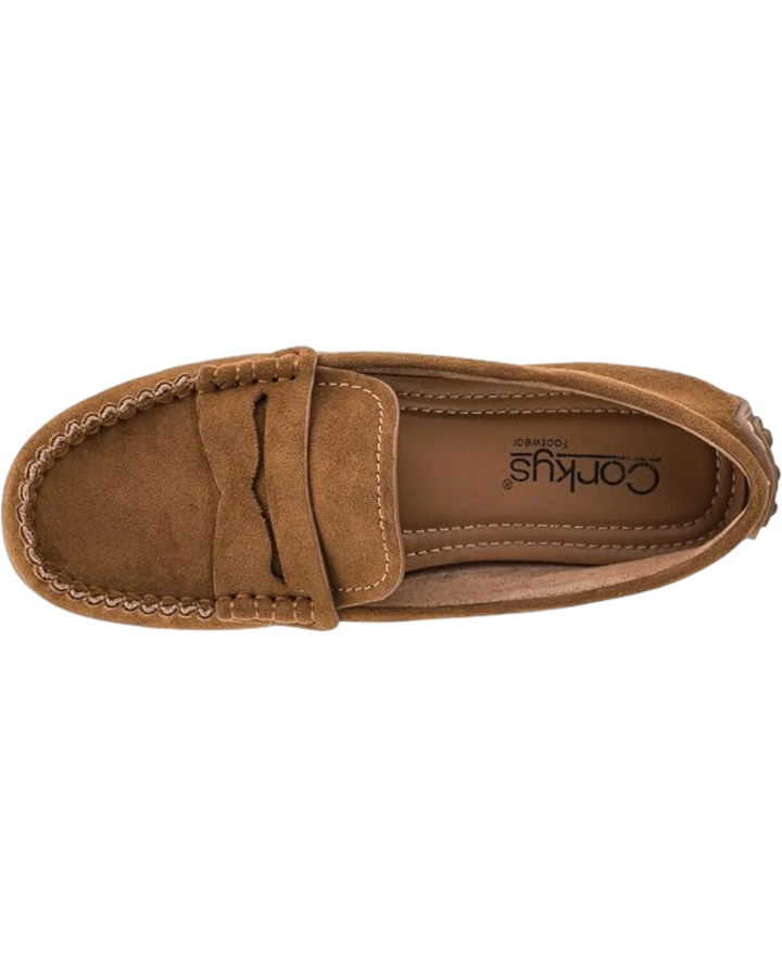 A single tan suede penny loafer shown from a top-down view on a plain white background, with the brand name Corks visible on the insole.