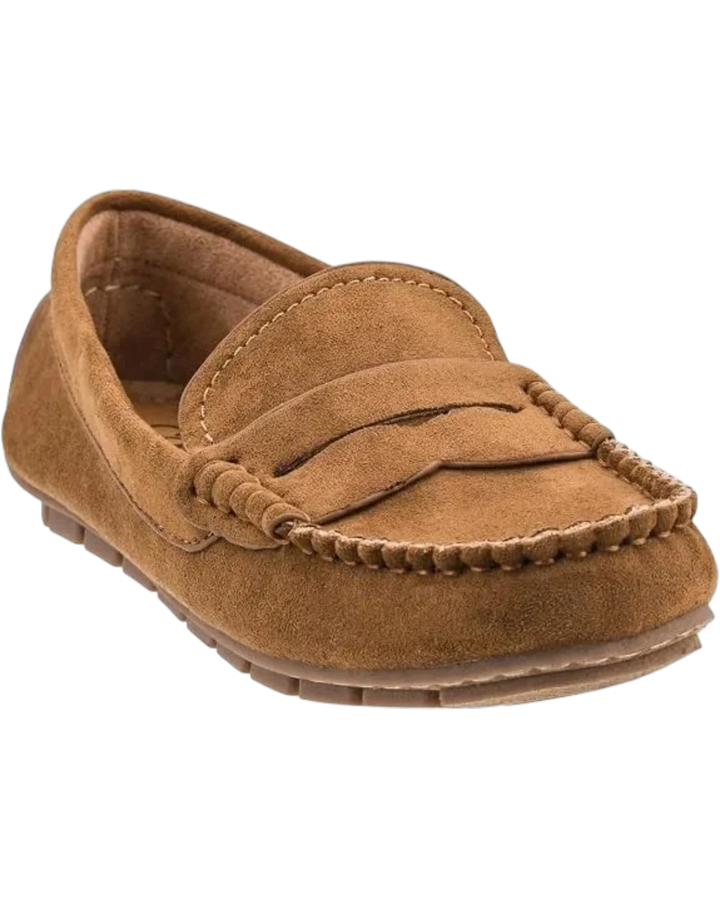 A single tan suede moccasin loafer shown from a three-quarters angle on a plain white background.