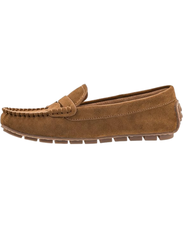 Single loafer in tan color on plain white background