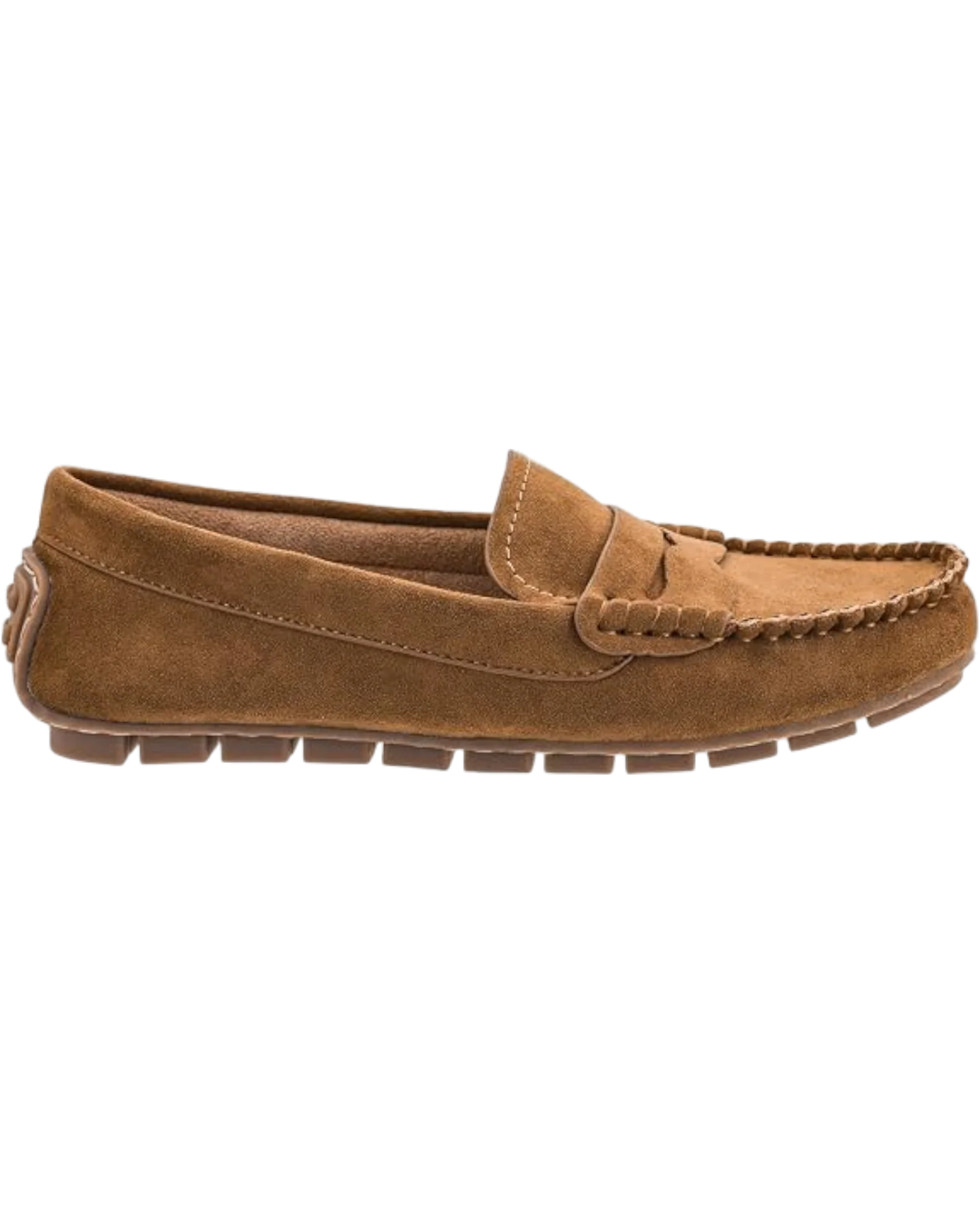 A single tan suede penny loafer driving shoe shown in a side profile view against a plain white background.