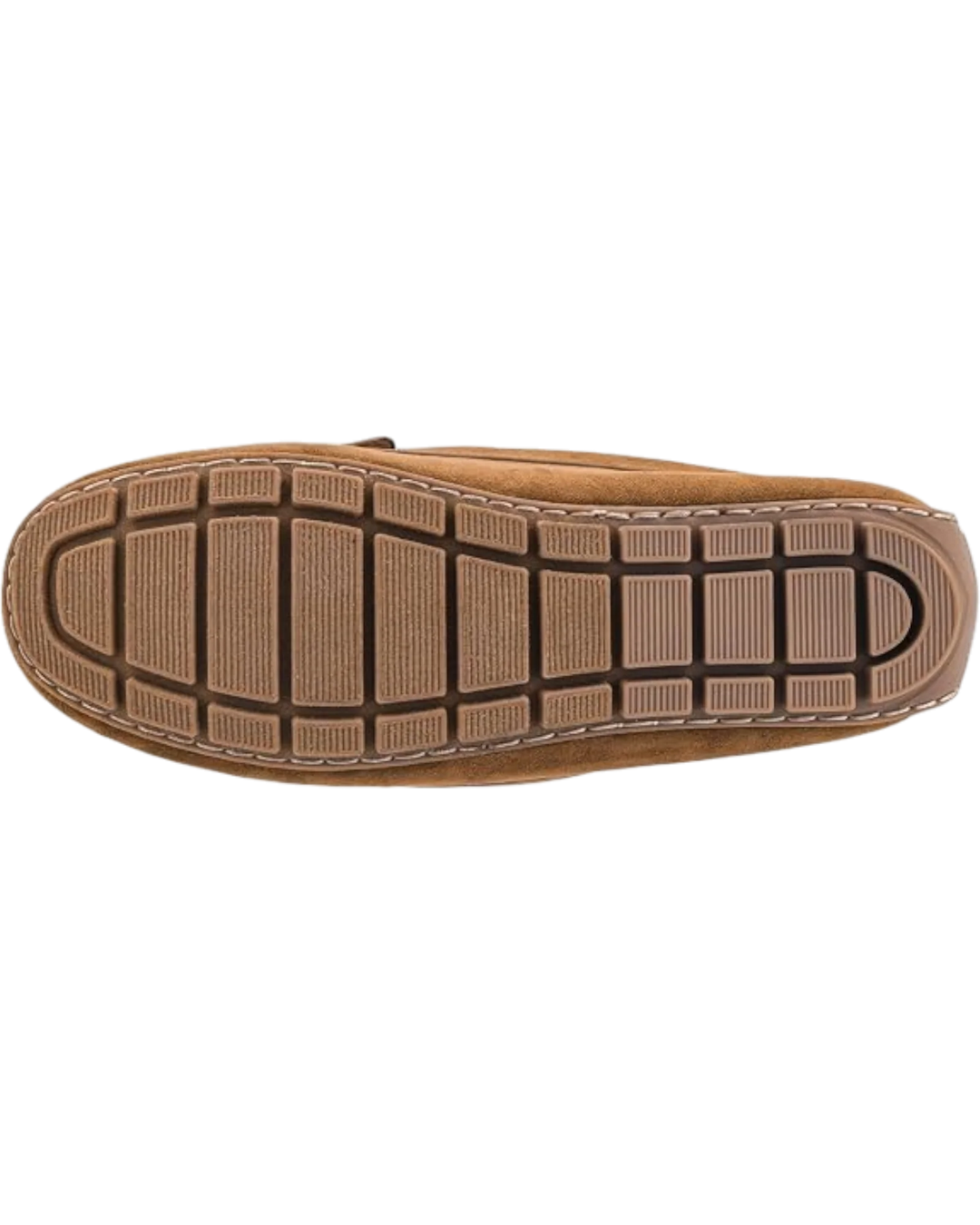A top-down view of a brown suede shoe sole with a textured rubber tread pattern, shown against a plain white background.