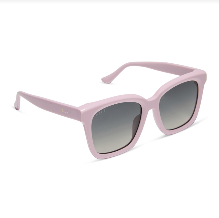 Light pink square sunglasses with gradient gray lenses, shown at a three-quarter angle on a white background.