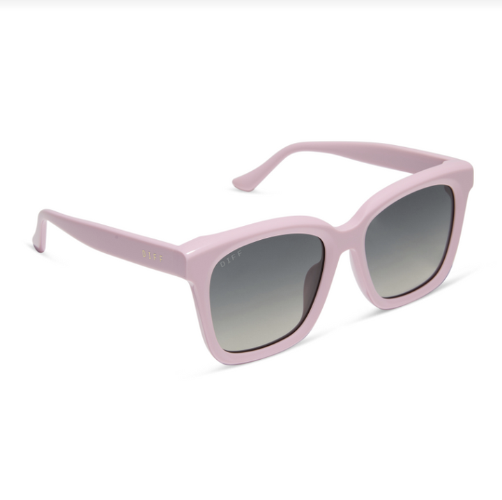 Light pink square sunglasses with gradient gray lenses, shown at a three-quarter angle on a white background.