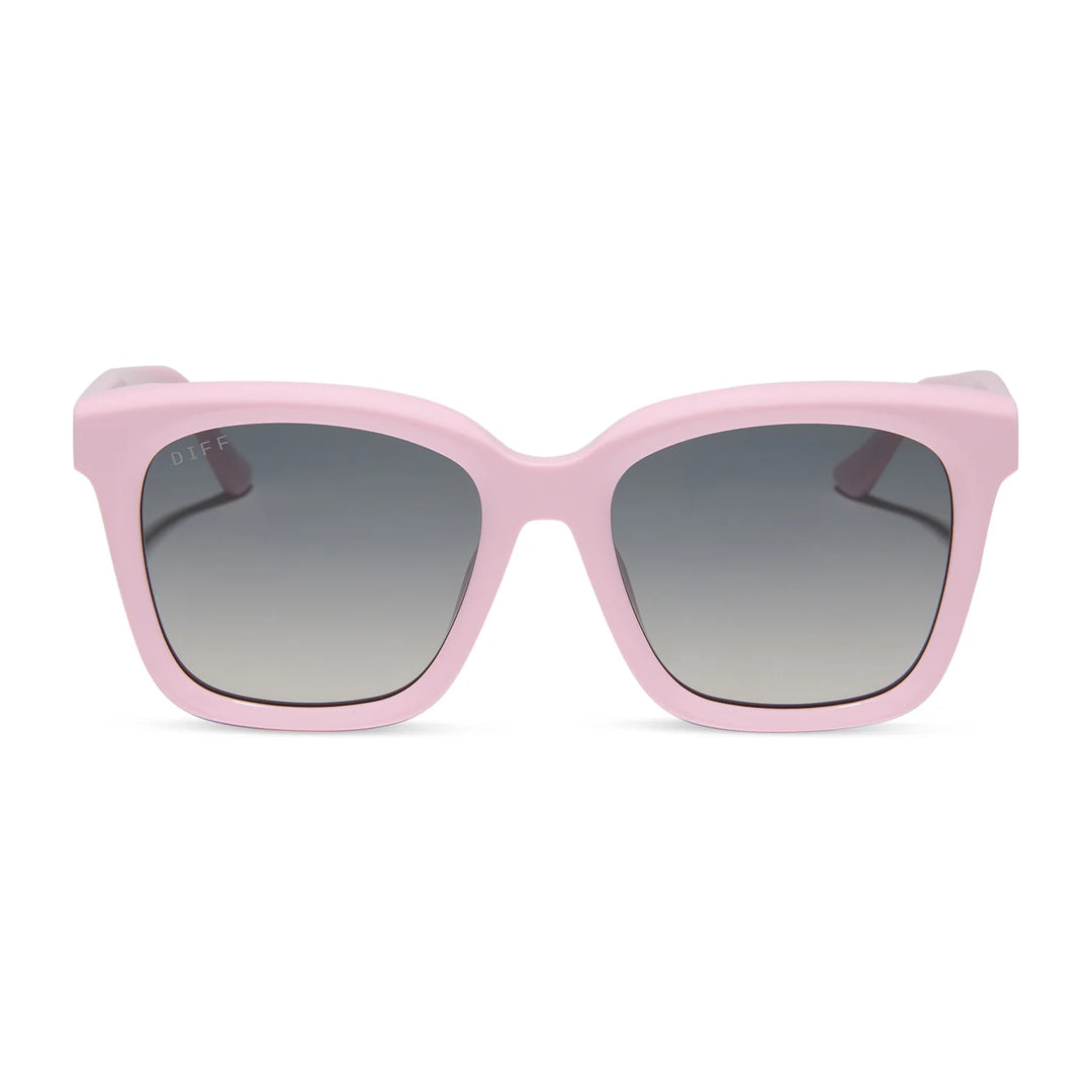 Pink square sunglasses with gradient gray lenses, shown from the front on a white background.