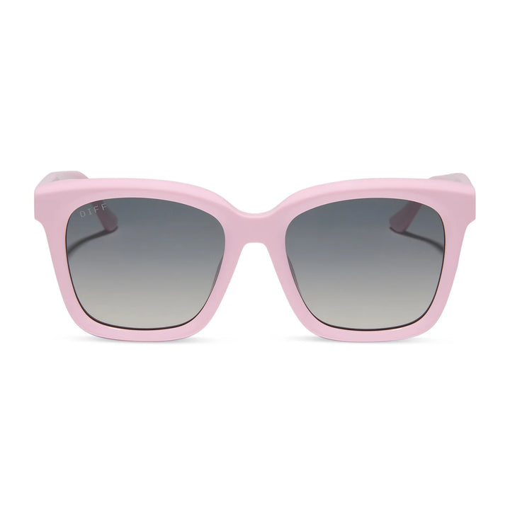 Pink square sunglasses with gradient gray lenses, shown from the front on a white background.