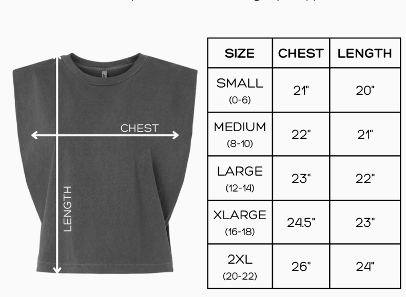 Gray sleeveless shirt with size chart on a white background