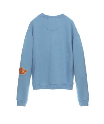 Light blue sweatshirt with a small design on the sleeve against a white background