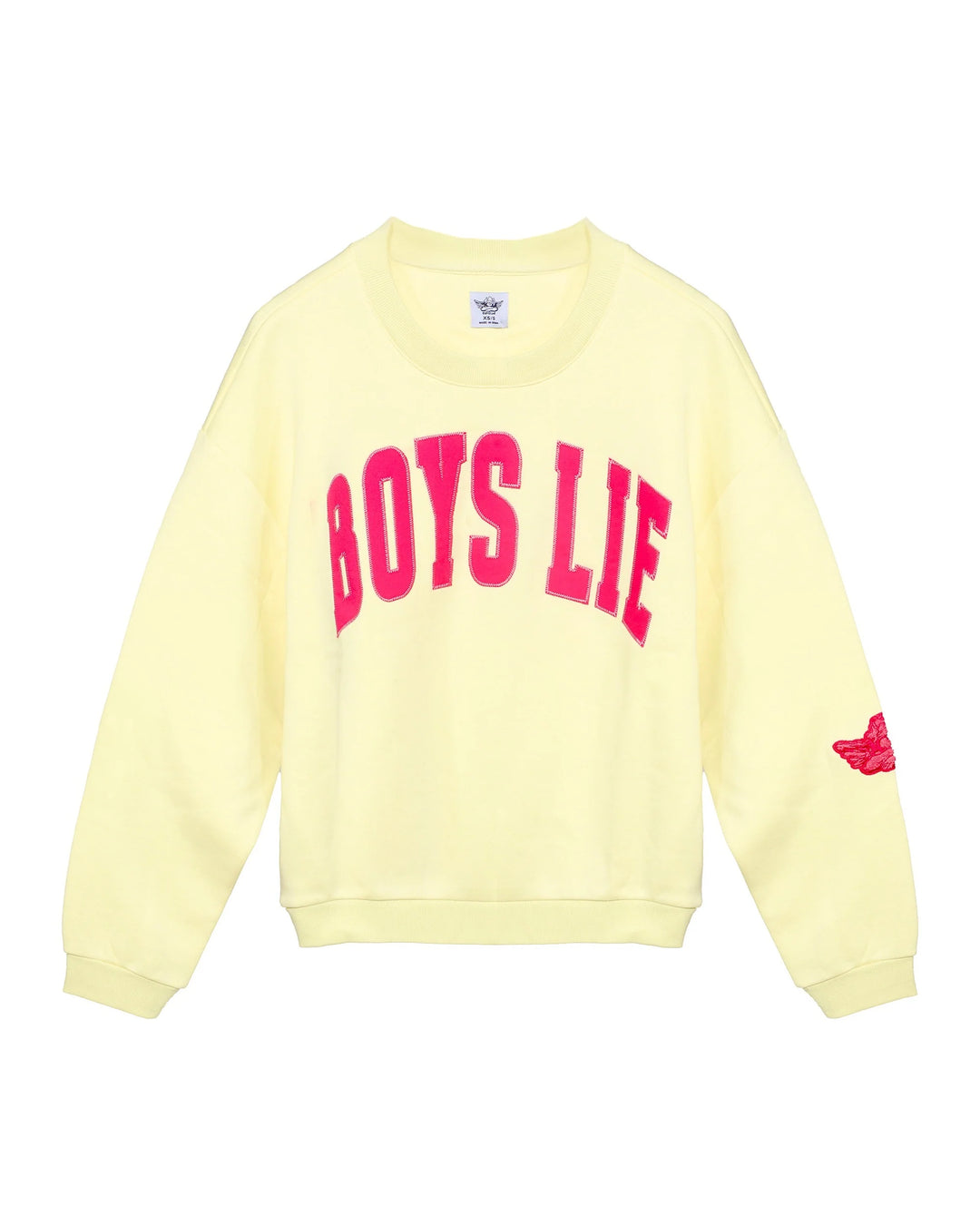 Butter yellow crewneck with hot pink BOYS LIE writing on front on plain background