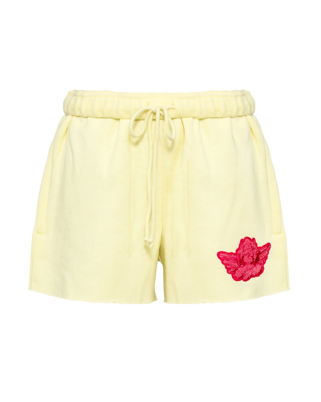 Yellow shorts with a hot pink floral cherub on a white background