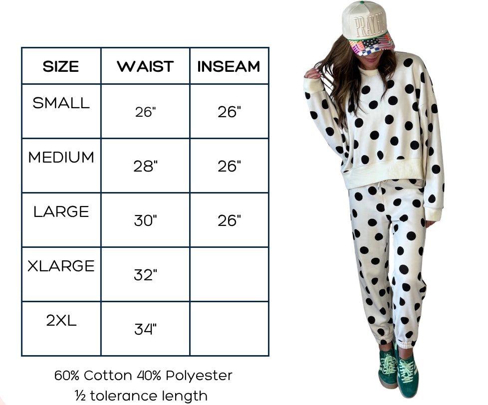 Poppy &amp; Pine brand sweatpants measurement chart with a model wearing the pants.