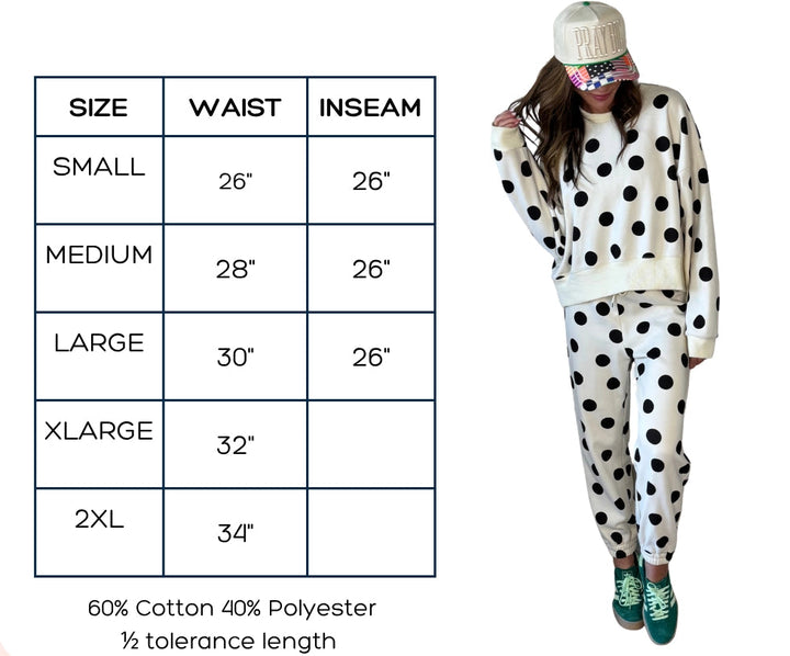 Poppy &amp; Pine brand sweatpants measurement chart with a model wearing the pants.