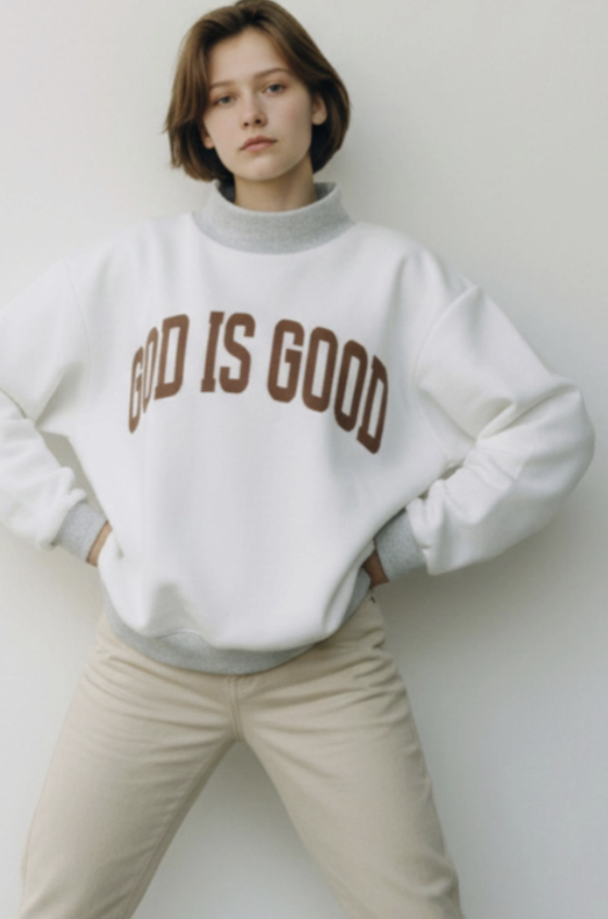 Woman wearing inside out sweatshirt with &