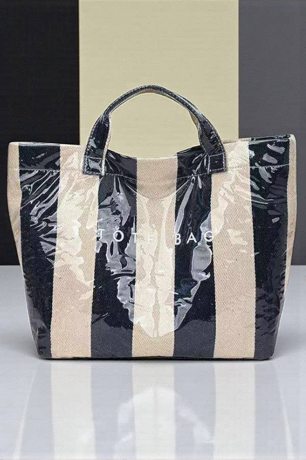 Striped tote bag with floral design on a striped background