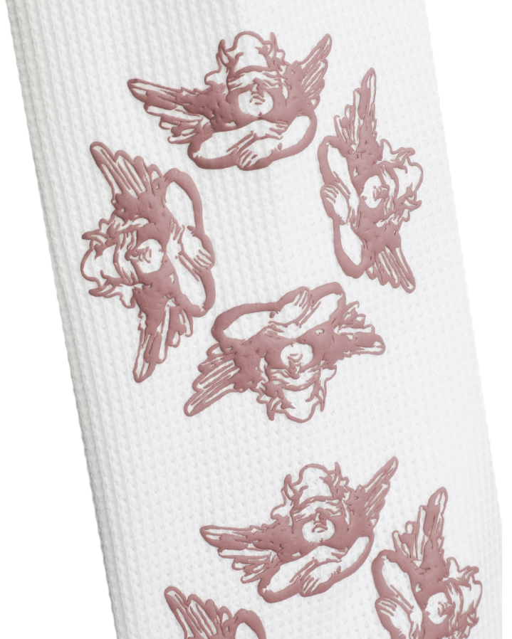White textured fabric with a repeating dusty rose embossed pattern of cherub angels, shown close-up on a white background.
