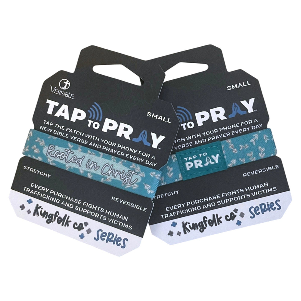 Two 'Tap to Pray' wristbands with packaging on a white background